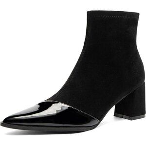 Women's Black Chunky Block Heel Ankle Pointed Toe Comfortable Non-slip Boots